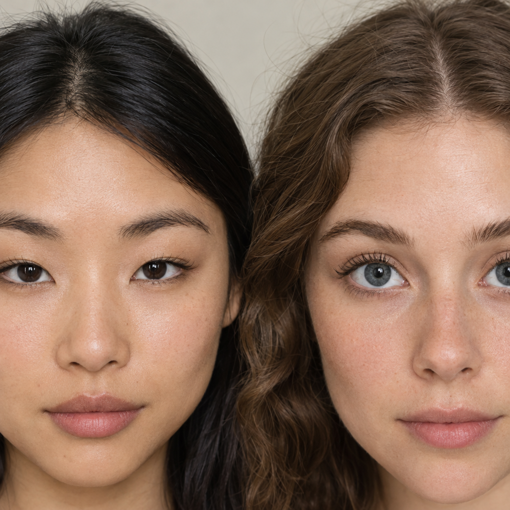 Primer plano de dos personas que muestra la diferencia entre ojos almendrados y redondos.