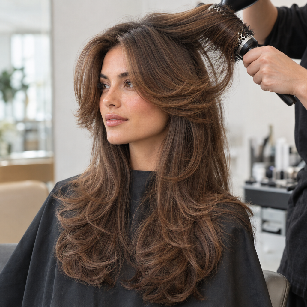 Stylist shaping long butterfly layers with a round brush.