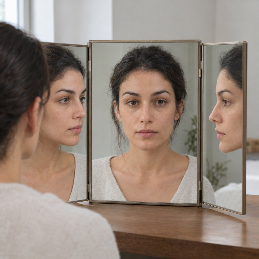 Personne observant ses yeux enfoncés sous plusieurs angles dans un miroir.