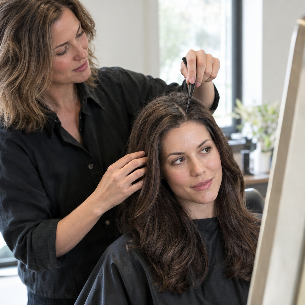Woman and stylist testing a side part during a salon consultation.