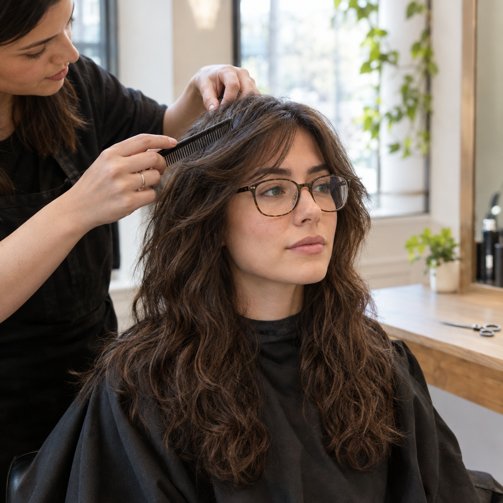 Stylist assessing dry wavy hair around a client’s glasses before cutting bangs.