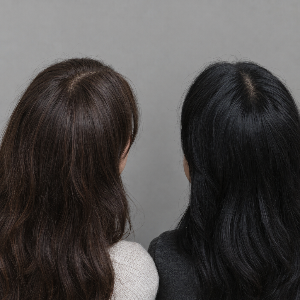 Due persone con capelli castano scuro e neri a confronto alla luce naturale soffusa.
