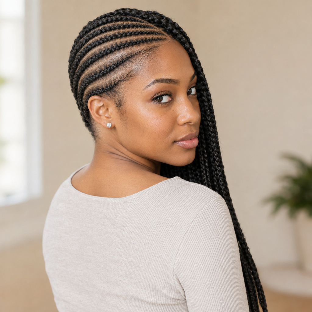 Woman with side-swept lemonade braids viewed from behind