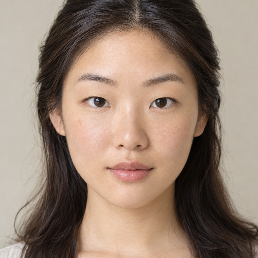 Person mit von Natur aus weit auseinanderstehenden Augen und entspanntem Gesichtsausdruck.