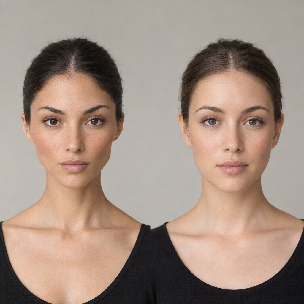 Two people facing forward with hair pulled back, showing different facial outlines.