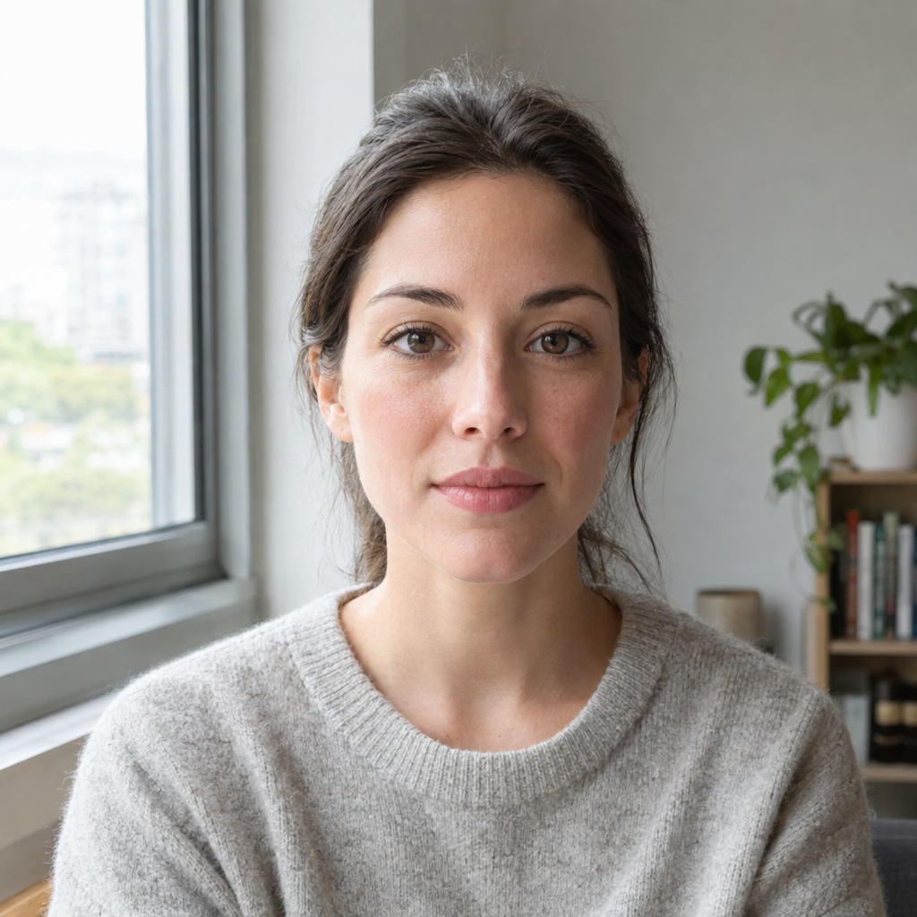 Person facing a camera beside a softly lit window.