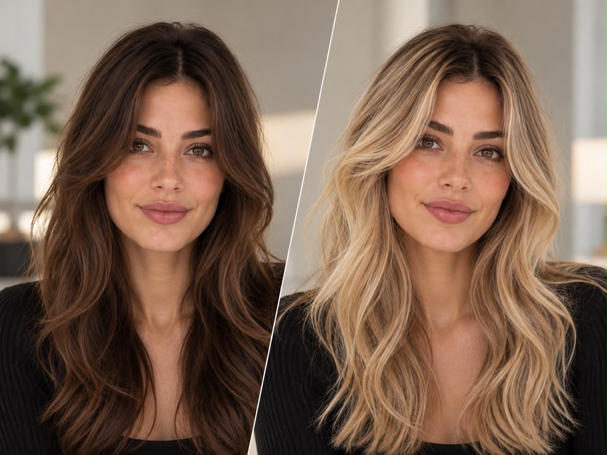 The same face compared in brunette and blonde hair
