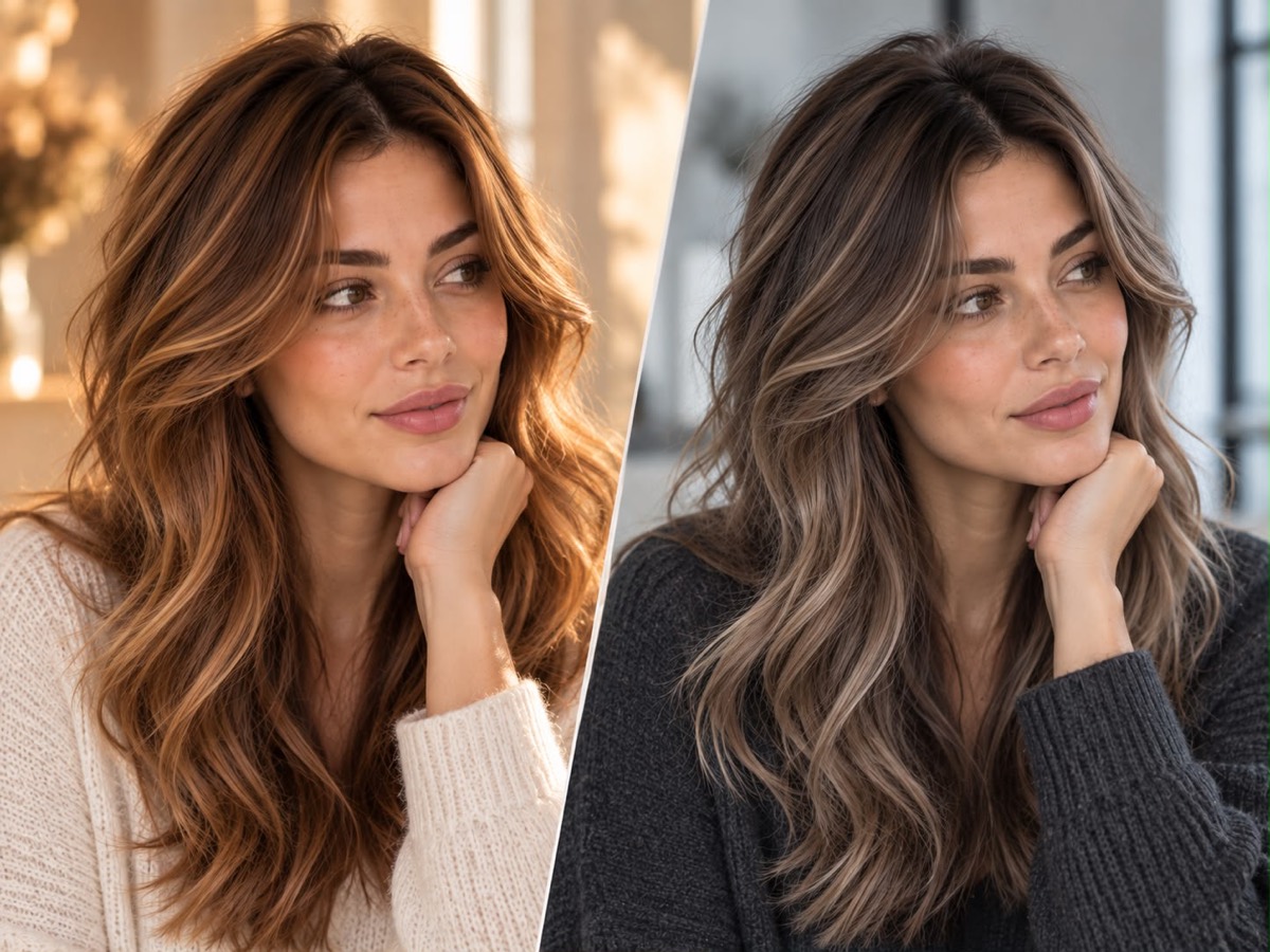 Warm caramel hair beside a cooler ash brunette