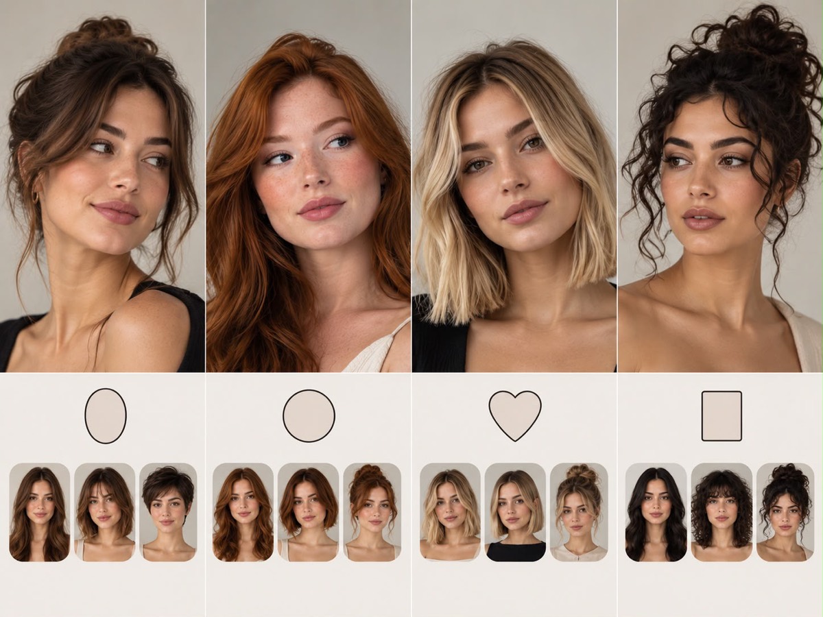 Hairstyle options shown for oval, round, heart, and square face shapes