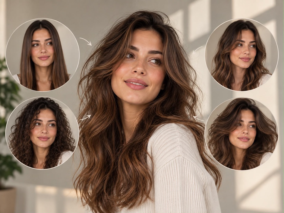 One hairstyle shown straight, wavy, and curly